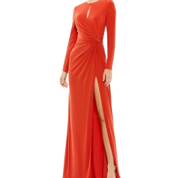 Ieena Mac Duggal Brick Red Ruched Keyhole Long Sleeve Jersey Gown